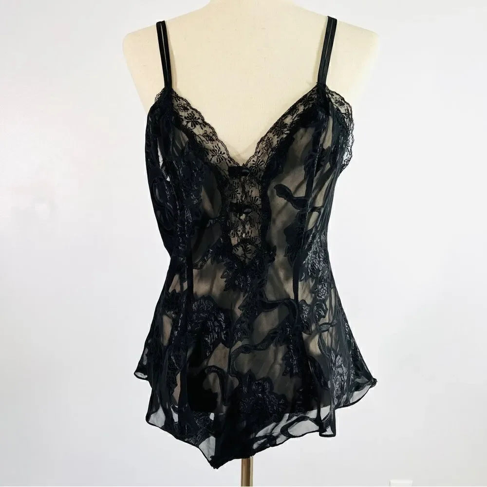 Vintage Victoria’s Secret Black Jacquard One Piece Bodysuit Negligee Great L